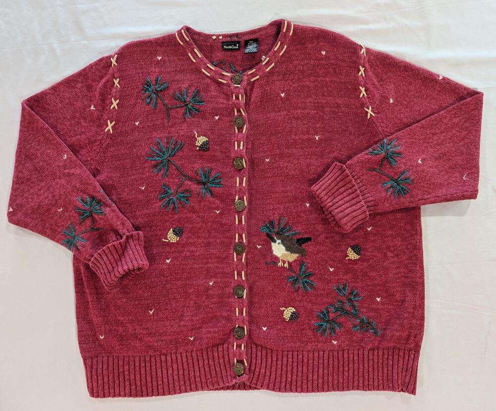 Cardigan Sweater Womens 2X 18W/20W Lambswool Rabbit Hair Bird Pinecone Knit